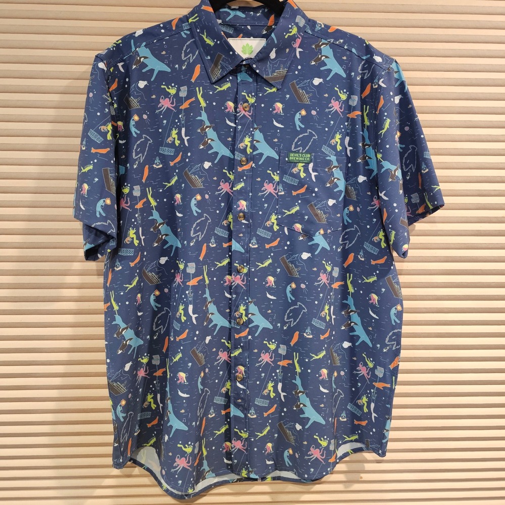 Devils Club Brewing Co Mens Large Blue Nautical Scuba Print Button Up Shirt L‎